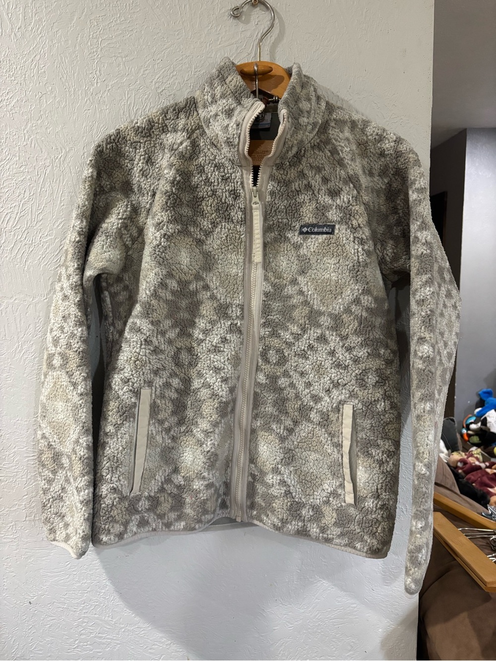 Columbia Aztec Pattern Gray/White Thick Fleece Full Zip Up Jacket size M